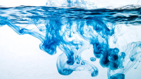 Blue ink dropping into clear water, creating swirling patterns and abstract shapesの素材