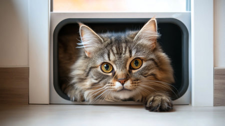 An overweight cat trying to squeeze through a cat door, with its fluffy body hilariously stuck, creating a light-hearted and funny scene.の素材