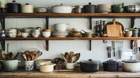 An eclectic kitchen display with a mix of vintage enamel pots, modern stainless steel pans, and wooden utensils arranged on open shelves, celebrating culinary diversity.の素材