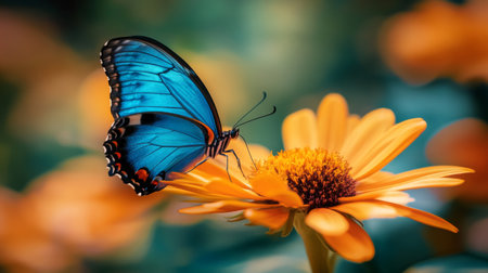 Blue butterfly perched on a vibrant flower, capturing delicate details, nature conceptの素材