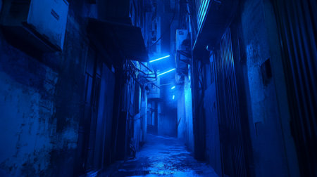 Blue neon lights illuminating a dark alley, urban nightlife scene with moody vibesの素材