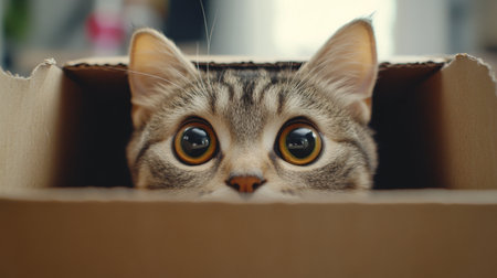 An adorable chubby cat peeking out from a cardboard box, its eyes wide with curiosity and mischief.の素材