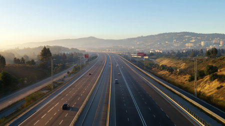 An expressway with clear lane markings and road signs, set against a backdrop of rolling hills or cityscape, focusing on the orderly design and layout of the road.の素材