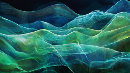 Abstract digital waves in shades of blue and green, representing data flow and technologyの素材