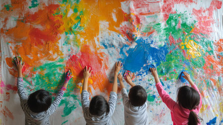 Children using finger paints on a huge sheet of paper, creating an abstract and colorful masterpiece with their hands.の素材