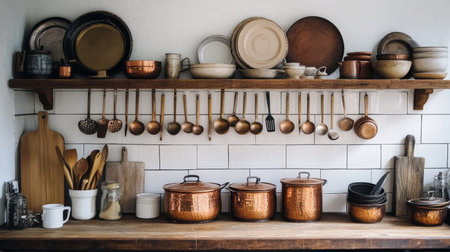 An organized kitchen display with copper pots, enamelware, and wooden utensils arranged on a farmhouse-style shelf, adding warmth and charm to the culinary space.の素材