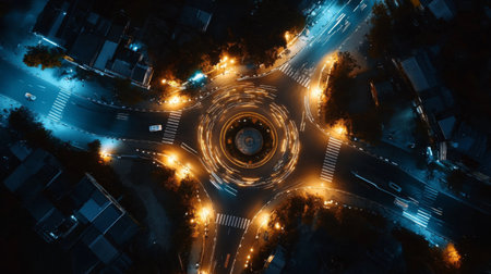 An overhead view of streetlights along a circular roundabout, with their light creating a radial pattern that guides traffic through the intersectionの素材