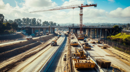 An expressway under construction with cranes, machinery, and construction barriers, depicting the development and maintenance of critical transportation routes.の素材