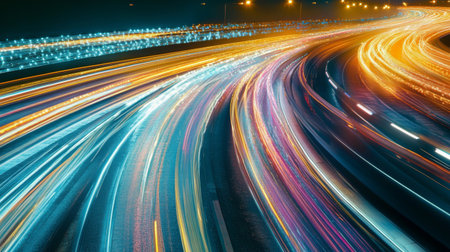 An expressway with light trails from vehicles at night, creating dynamic streaks of color and illustrating the bustling nature of nighttime traffic.の素材