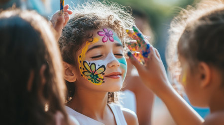 Children participating in a face painting activity, taking turns painting each other's faces with creative designs.の素材