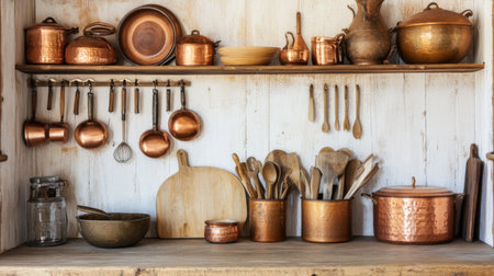 An organized kitchen display with copper pots, enamelware, and wooden utensils arranged on a farmhouse-style shelf, adding warmth and charm to the culinary space.の素材