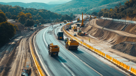An expressway under construction, featuring machinery, construction barriers, and workers, showing the development and maintenance of major roadways.の素材