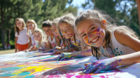 Children happily painting a colorful mural on a large canvas, their faces smeared with paint and smiles, in a sunny backyard.の素材