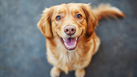 An adorable dog with floppy ears and a wagging tail, sitting obediently and looking up at the camera with a happy smile.の素材