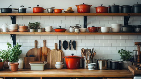 An eclectic kitchen display with a mix of vintage enamel pots, modern stainless steel pans, and wooden utensils arranged on open shelves, celebrating culinary diversity.の素材