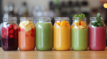 A row of glass jars filled with colorful smoothies, layered with vibrant fruits and vegetables, creating a visual feast for health-conscious consumers.の素材