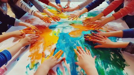 Children using finger paints on a huge sheet of paper, creating an abstract and colorful masterpiece with their hands.の素材