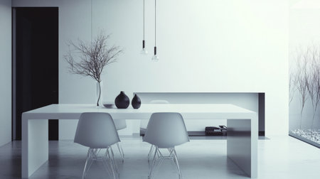 A stylish minimalist dining area with a sleek table, modern chairs, and minimalist table decor, creating a sophisticated ambiance for hosting guests.の素材