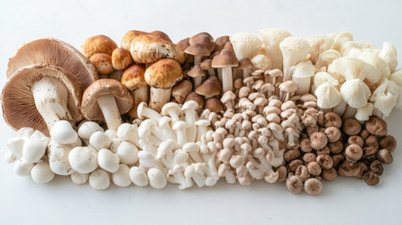 A variety of mushrooms arranged artistically on a white surface, including button, shiitake, and portobello, showcasing their different shapes and colors.の素材