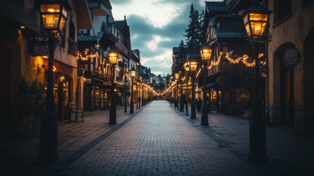 A wide-angle shot of a street with vintage-style streetlights, creating a nostalgic ambiance as they light up the path in an old town setting.の素材