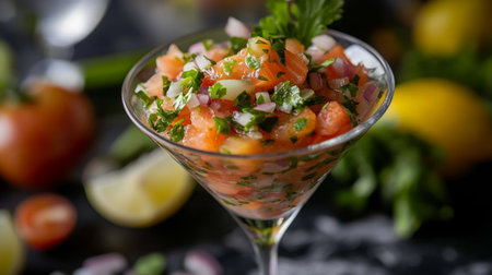 A vibrant and flavorful salmon ceviche served in a martini glass, marinated in citrus juices and mixed with diced tomatoes, onions, and cilantroの素材