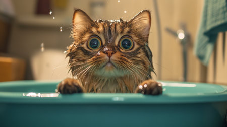 An overweight cat standing in a basin with its paws wet, looking up at the camera with wide eyes.の素材
