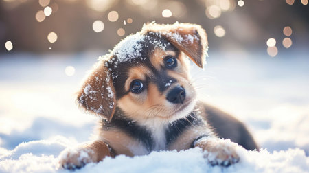 An adorable puppy playing in the snow, its fur dusted with snowflakes and its eyes sparkling with delightの素材