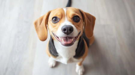 An adorable dog with floppy ears and a wagging tail, sitting obediently and looking up at the camera with a happy smile.の素材