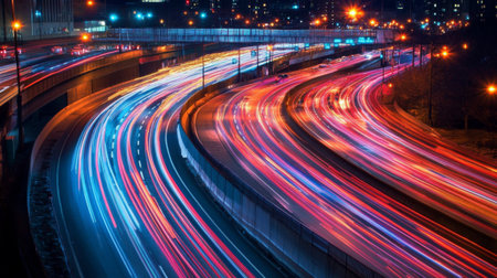 An expressway with light trails from vehicles at night, creating dynamic streaks of color and illustrating the bustling nature of nighttime traffic.の素材