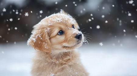 An adorable puppy playing in the snow, its fur dusted with snowflakes and its eyes sparkling with delightの素材