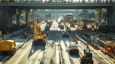 An expressway under construction, featuring machinery, construction barriers, and workers, showing the development and maintenance of major roadways.の素材