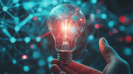 A close-up of a hand holding a glowing lightbulb, with abstract, futuristic digital patterns in the background, representing a breakthrough in innovative thinking.の素材