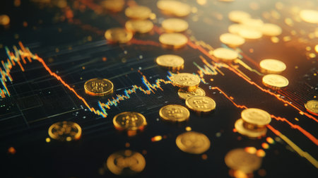 A close-up of a digital chart showing gold prices, with gold coins scattered across the desk, capturing the essence of tracking precious metals in real-time.の素材