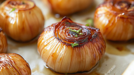 A close-up of roasted shallots with their caramelized, golden-brown skins, showing the tender and flavorful result of roasting on a simple white surface.の素材