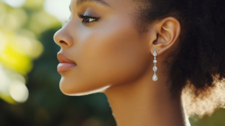 A close-up of a modela ear adorned with delicate gemstone drop earrings, with a focus on the gemstonea color and the elegant design of the earring against a neutral backdrop.の素材