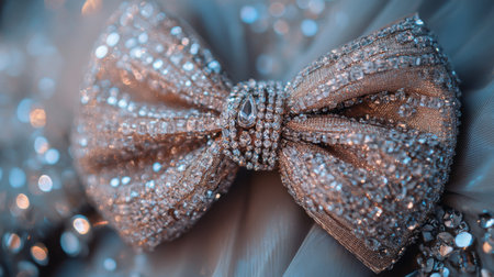A close-up of a stylish hair bow with intricate beadwork and sequins, set against a glamorous evening gown, emphasizing the bow's sparkle and elegance for a special event.の素材