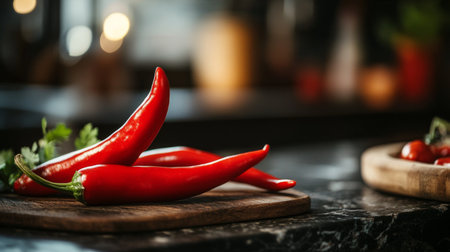 A close-up of a red chili pepper with its glossy surface and vibrant color, placed on a rustic kitchen countertop, highlighting its fresh and spicy appeal.の素材