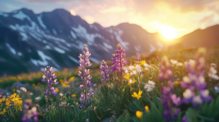 A close-up of mountain wildflowers in the foreground with the sun rising behind the peaks, highlighting the contrast between the delicate flowers and the expansive, dramatic landscape.の素材