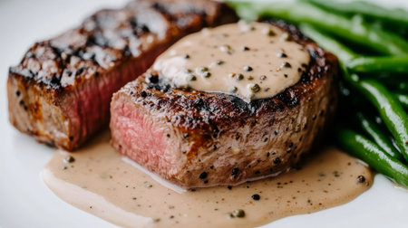 A close-up of a juicy steak au poivre with a rich, creamy peppercorn sauce and a side of green beans, elegantly plated on a white surface to showcase its gourmet presentation.の素材