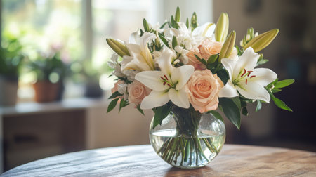 A delicate bouquet of white lilies and pink roses arranged elegantly in a glass vase, set on a wooden table with soft natural light streaming through a nearby window.の素材