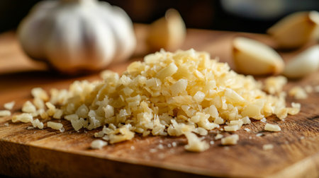A close-up of minced garlic on a cutting board, with a focus on the tiny, finely chopped pieces and the aroma they impart, ideal for cooking or seasoning.の素材