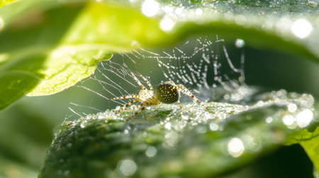 A close-up of a small spider weaving its web between two leaves, with the web glistening in the light and the intricate details of the spider and leaves clearly visible.の素材