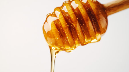 A close-up of golden honey dripping from a wooden honey dipper, with the liquid catching light and flowing smoothly into a glass jar, set against a clean white background.の素材