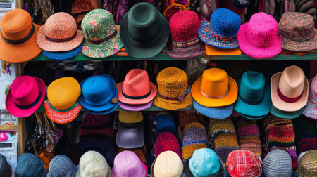 A colorful and playful display of various hats on a market stall, with different styles like berets, caps, and sun hats, showcasing the diversity and fun of fashion accessories.の素材