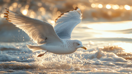 A close-up shot of a seagull flying near the shore, with its wings spread wide and its feathers catching the sunlight, creating a dynamic and lively beach scene.の素材
