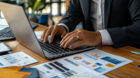 A close-up of a young businessman's hands typing on a keyboard, with a sleek laptop and business documents on his desk, showcasing his engagement in work.の素材