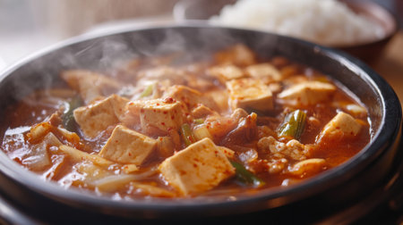 A close-up of a steaming bowl of kimchi jjigae (kimchi stew) with tofu, pork, and vegetables, served with a side of steamed rice, showcasing the disha hearty and flavorful nature.の素材