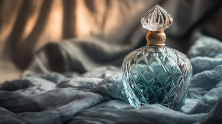 A close-up of a perfume bottle with a unique, artistic design, with a backdrop of shimmering fabric or textured wallpaper, emphasizing its luxury and craftsmanship.の素材