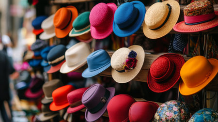 A colorful and playful display of various hats on a market stall, with different styles like berets, caps, and sun hats, showcasing the diversity and fun of fashion accessories.の素材