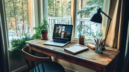 A cozy home office setup with a wooden desk and ergonomic chair, complete with a laptop, desk lamp, and neatly organized stationery, capturing a productive work environment.の素材